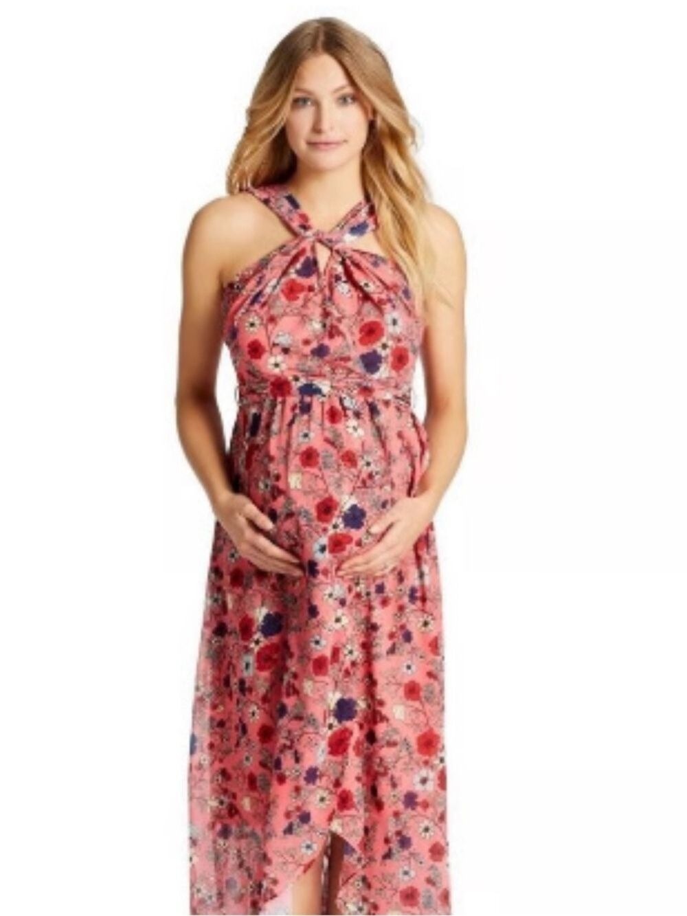 Jessica Simpson Maternity Maxi Dress Sleeveless Asymmetrical Pink Small